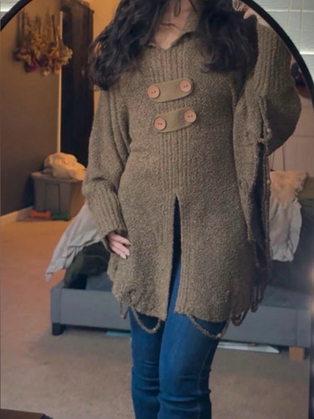 Button-Accent Olive Green Knit Women's Cardigan